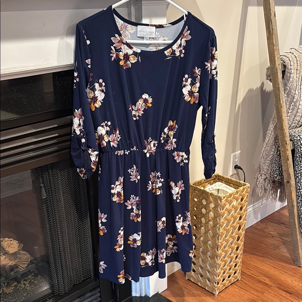 French Gray Floral Navy Dress